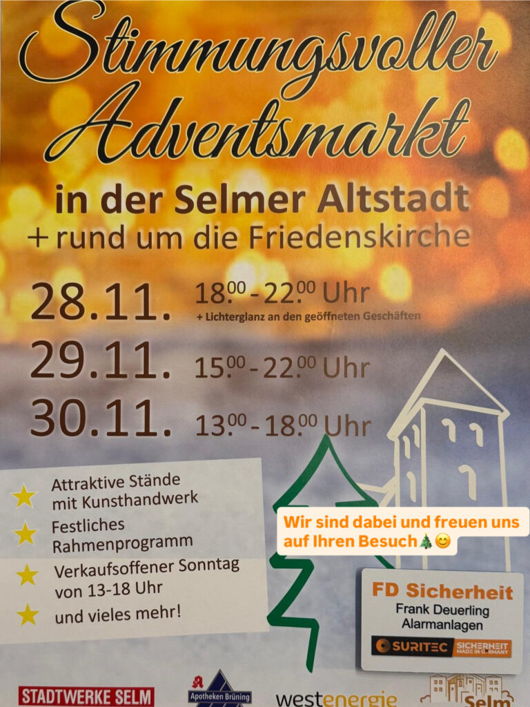 Adventsmarkt in Selm am 28-30.11.25 - FD Sicherheit lädt ein - Alarmanlagen